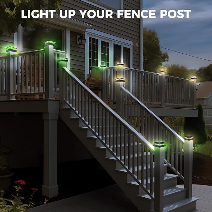 Peasur 2 Packs 4x4 Solar Post Lights Outdoor, Green & Warm White LED Fence Caps Light Waterproof, Wood & Vinyl Post Top Lighting for Deck Mailbox Railing Porch Outside