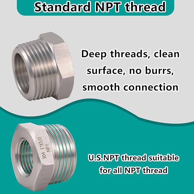 2 Pcs 1" Male NPT to 1/2" Female NPT Reducer Hex Bushing，304 Stainless Steel Pipe Fitting Hex Bushing, Heavy Duty Pipe Fitting Reducer Adapter