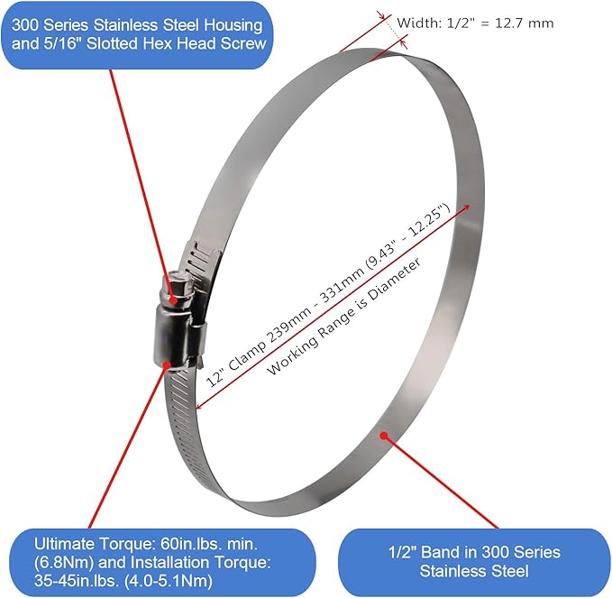 ROADFORMER 12" Worm Gear Hose Clamp - SAE 188 Size, Full Stainless Steel with 1/2" Band Width, Working Range 239mm - 311mm Hose Clamps, 5 Pack