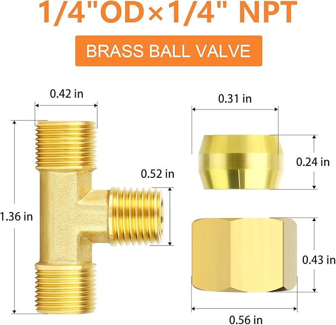 GASHER 5PCS Brass Compression Tube Tee Pipe Fitting Connector，1/4" OD x 1/4" NPT x 1/4" OD，Male Branch Tee