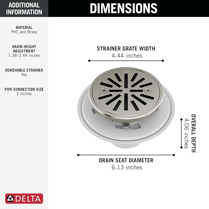 Delta 4 Inch Brushed Nickel Round Tile-In Round Shower Floor Drain with Gasket and Removable Drain Gate, Stainless DT061411-SS