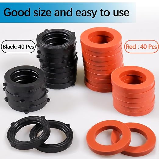 80 Pcs Garden Hose Gasket Rubber Seal, Fits All Standard 3/4 Inch Outdoor Hose Fittings with Heavy Duty Red and Black Self-Locking Tabs to Hold The Gasket Securely in The Fitting