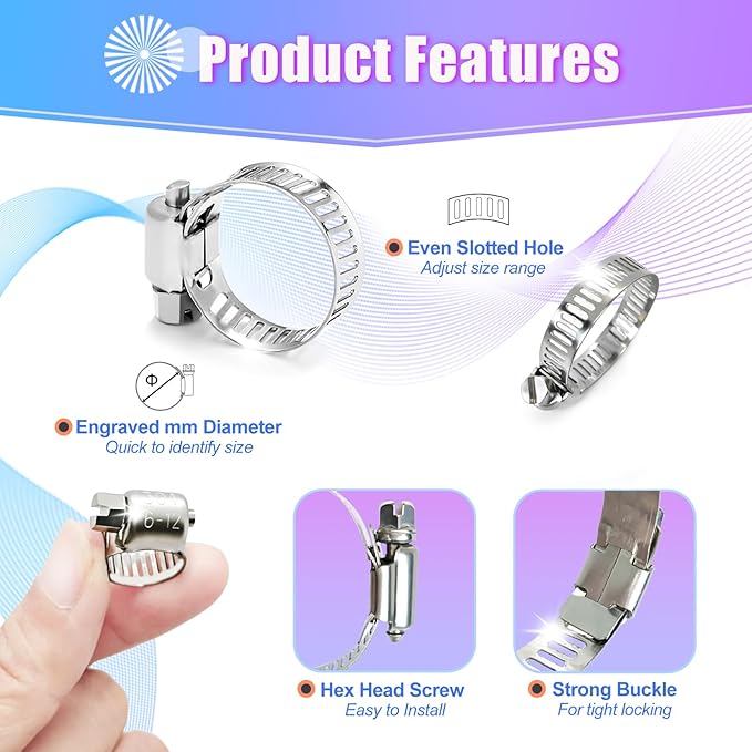 20 PCS Hose Clamp 3/8''–5/8'' Stainless Steel Hose Clamps Assortment Kit stainless steel hose clamps for Fuel Line, Plumbing, Automotive, Mechanical Applications, Tube, Garden
