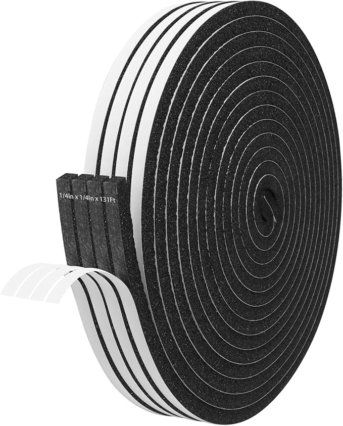 Storystore Foam Insulation Tape Self Adhesive, 1/4In x 1/4In x 131Ft Weather Stripping for Doors and Windows, Sound Proof Soundproofing Door Seal, Weatherstrip, Air Conditioning Seal Strip