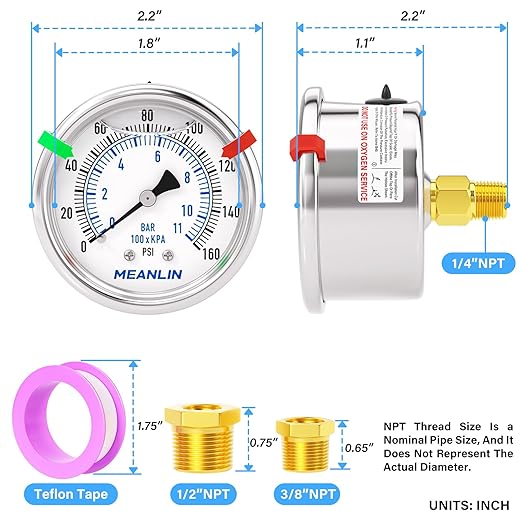 MEANLIN MEASURE 0~160Psi Liquid Filled Pressure Gauge Stainless Steel 1/4" NPT 2" FACE DIAL for Air Compressor RV Regulator Water Pressure Tester Center Back Mount, with Hex Bushing and 2PCS Snaps