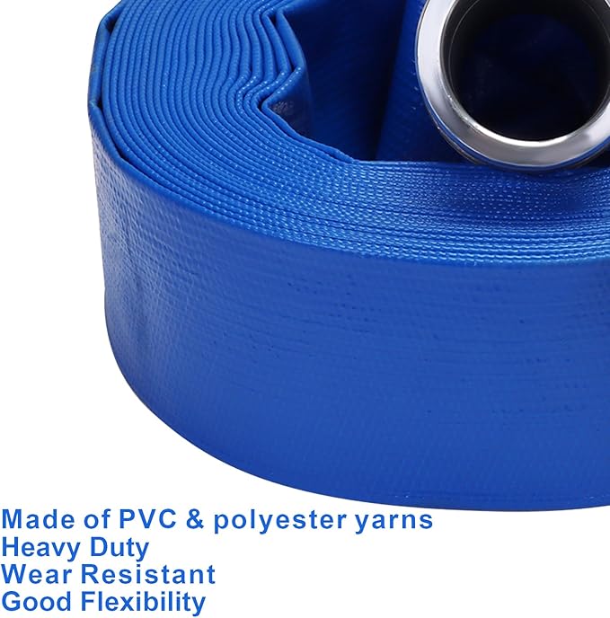 Lay-Flat Pool Backwash Hose - 2" x 100Ft with Aluminum Camlock C & E Fittings Reinforced Heavy Duty PVC Discharge Hose Weather-Proof Vinyl Pool Drain Hose for Water Transfer