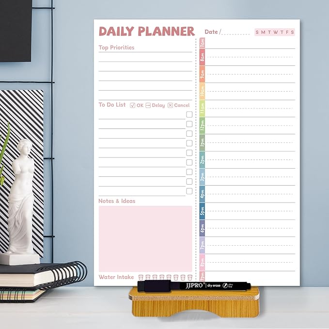 JJPRO Reusable Desktop Daily Planner with Stand,Reusable Time Schedule Board,11"x8.5" Hourly Schedule Dry Erase Board with Time Slots,Desk Hourly Dry Erase Board w/Engineered Wood Stand-Pink