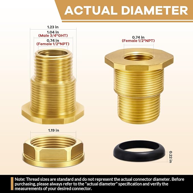 2 Pack 1/2" Female NPT and 3/4" Male GHT (Garden Hose Threaded) Solid Brass Water Tank Connector, Bulkhead Fitting With Thickened rubber ring