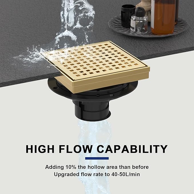 6 Inch Square Shower Drain | Brushed Gold Shower Drain with Flange, Hair Strainer & Removable Grid Cover, AISI 304 Stainless Steel Shower Floor Drain, in Bathroom, Kitchen, Balcony etc