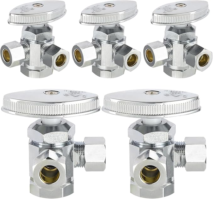 (Pack of 5) Seelink Multi-Turn Dual Outlet Angle Stop Valve, 1/2" Fip Iron Pipe Inlet x (3/8 inch x 3/8 inch) Compression Outlets, Chrome Plated Brass(VALVE189-5Pack)