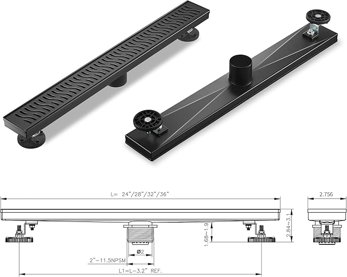 Linear Shower Drain 32 inch, Floor Drain with Removable Pattern Grate, 304 Stainless Steel Rectangular Linear Drain with Hair Strainer, CUPC Certified, Matte Black, SD-103