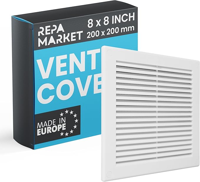 Repa Market 8 x 8 Inch (Outer) White Square Air Vent Cover - Plastic Fresh Air Intake Vent - AC Cover with Nylon Mesh Screen, Wall, Ceiling HVAC Return Air Register, Modern Soffit Vents