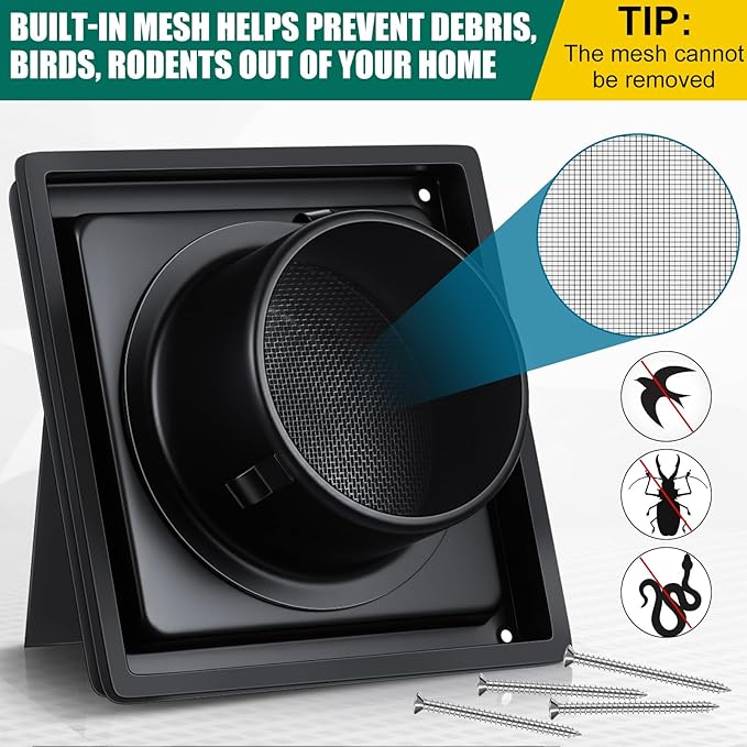 Gisafai 4" Dryer Vent Cover Outside with Stainless Steel Guard Wall Dryer Exhaust Cap and Removable Extended Pipe Vent Shroud Hood Cushioned Non Return Flap with Sealing Gasket Grille(Black)