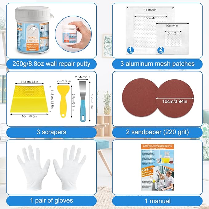 Drywall Repair Kit, Drywall Patch Repair Kit with 8.8OZ White Wall Repair Putty, Scraper Sandpapers Gloves for Heavy Duty Plaster Wall Repair, Easy to Fill Holes in Home Wall & Quick Repair Crack