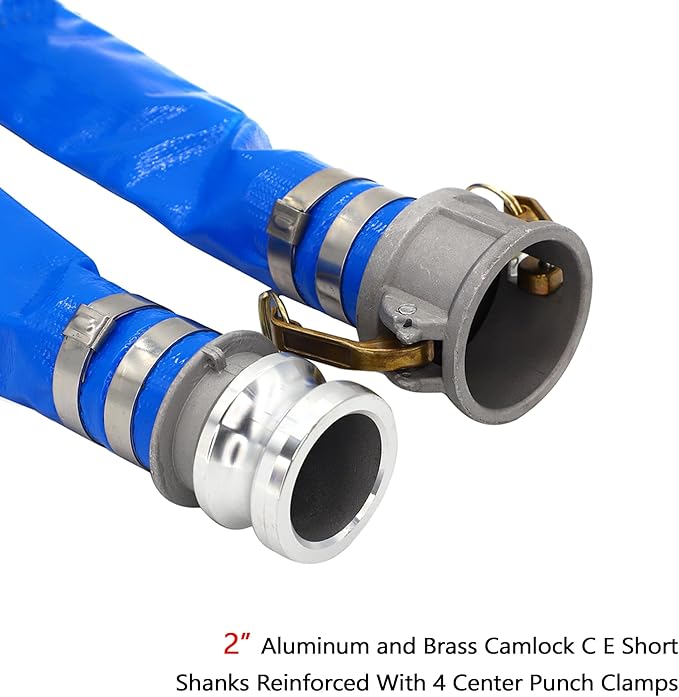 2" ID x 25 ft PVC Lay Flat Discharge Hose with Aluminum Camlock C and E Fittings, Heavy Duty Reinforced Blue Backwash Pump Hoses for Swimming Drain Pools and Clean Filters