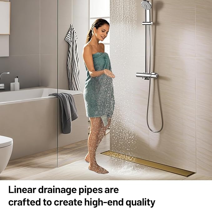 Linear Shower Drain, 304 Stainless Steel with Adjustable Leveling Feet, Hair Strainer,Reversely Install Place to Create an Invisible Floor Drain - Gold -16-Inch
