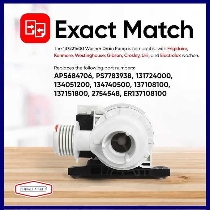 137221600 Washer Drain Pump By DR Quality Parts for Frigidaire, Kenmore, Electrolux Directly Replaces AP5684706, PS7783938, 131724000, 134051200