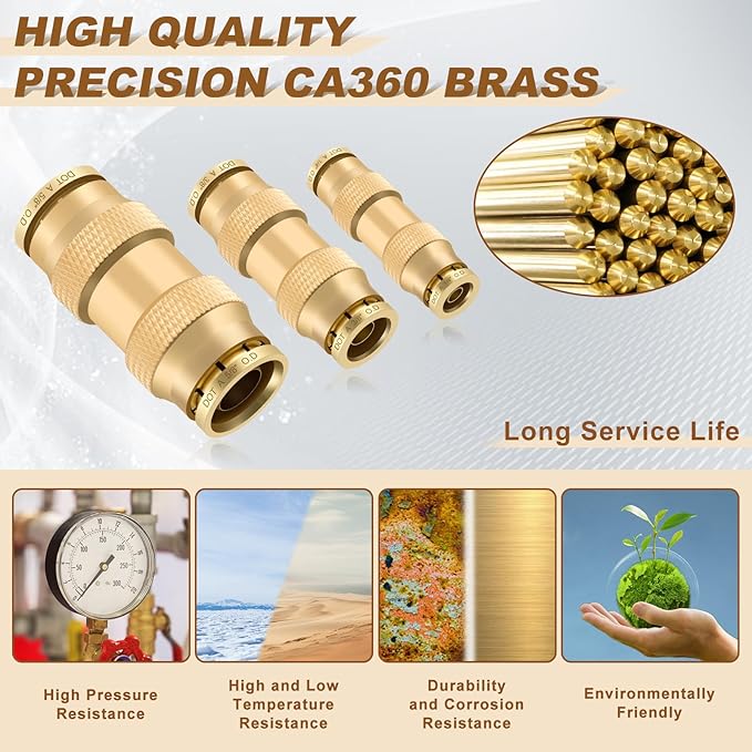 26pcs Quick Connect Brass DOT Air Line Fittings Straight Union 1/4” 3/8” 5/8” Tube Push to Connect Fittings Air Suspension Fittings Straight Air Brake Union Push Lock Pneumatic Air Hose Fitting
