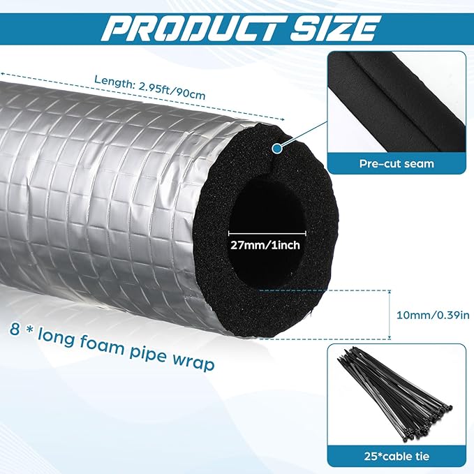 Tondiamo 8 Pcs 3 FT Pipe Insulation Foam Tube Self Adhesive Insulation Foam Wrap with Aluminum Foil Tape & Cable Ties for Tubing Heat Preservation Winter Outdoor Freeze Protection(1 Inch)
