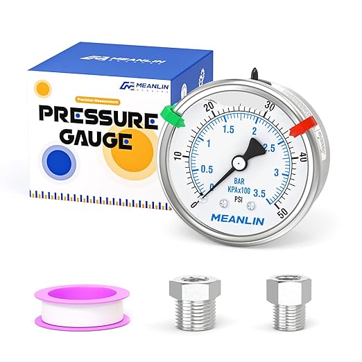 MEANLIN MEASURE 0~50Psi Stainless Steel Liquid Filled Pressure Gauge 2.5" FACE DIAL 1/4" NPT for Pool Sand Filter Water Oil Air Pressure Test Back Mount with Stainless Steel Hex Bushing and Snaps