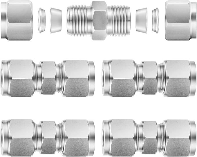 ChillWaves 304 Stainless Steel Compression Tube Fitting, 3/8" OD x 3/8" OD Compression Union Connector(5-PACK)
