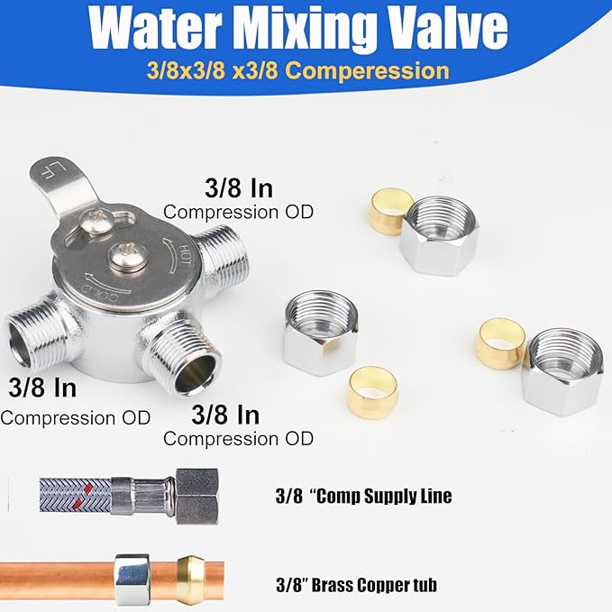 WHK Water Mixing Valve Hot Cold Water Mixer, Inlets and Outlet is 3/8"Inch by Compression Connection on Sink to Adjust Water Tempture(Lead-Free Brass)