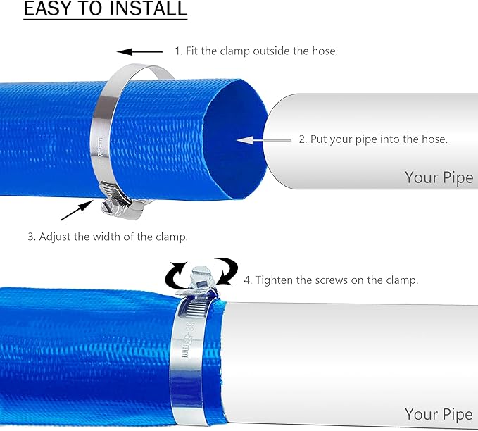 DAVCO 1.5" x 50 ft Pool Backwash Hose, Heavy Duty Reinforced Blue PVC Lay Flat Water Discharge Pump Hoses For Swimming Drain Pools and Clean Filters,with 1 Clamp