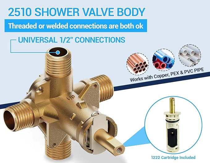 Enhanced 2510-WL Male Thread Compatible with Moen Posi temp Rough-In Mixing Valve with 1222 Pressure Balancing Cartridge,4-Port for Tub Shower Kit Plumbing,1/2 Inch IPS Connection,Heavy Duty Brass