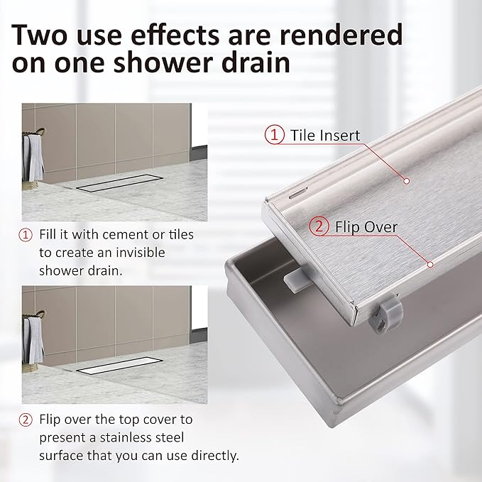 28 inch Linear Shower Drain with Removable Square Hole Panel by Using Brushed 304 Stainless Steel Process, Linear Drain Equipped with Adjustable Feet and Hair Strainer