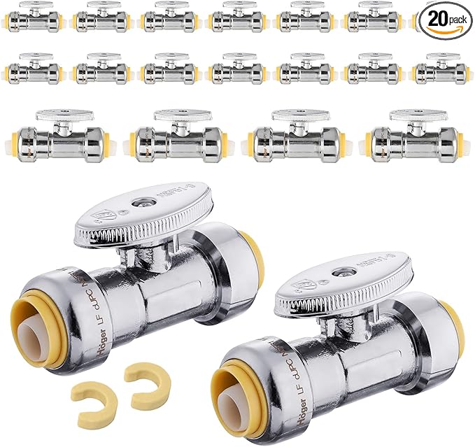 (Pack of 20) EFIELD Push Fit 1/4 Turn Straight Stop Valve Water Shut Off 1/2 Inch Push x 1/2 Inch Push, Chrome with a Disconnect Clip,(PF-VALVE035-20PCS)