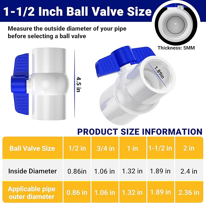5PCS 1-1/2" PVC Ball Valve Threaded, PVC Water Pipe Valves with Easy Turn Blue T-Handle, Shut Off Valves Socket for Swimming Pool, Sprinkler Lines,Sewage Pump, Outdoor Plumbing & Irrigation System