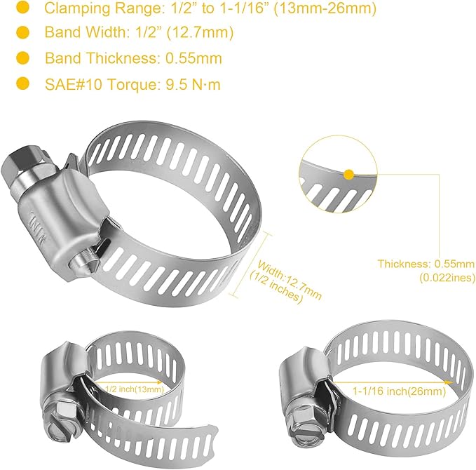 WINL Stainless Steel Hose Clamps - 16 Pack Worm Gear Drive Hose Clamps SAE 10 Clamping Range of 1/2'' to 1-1/16'' (13mm-26mm) for Automotive Plumbing,1/2 Inch, 3/4 Inch,1 Inch Clamps