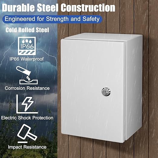 LeMotech Electrical Box 12 x 8 x 6 inch Steel Enclosure, IP66 Waterproof Dustproof Junction Box Wall-Mounted for Outdoor/Indoor Lockable with Equipment Mounting Plate