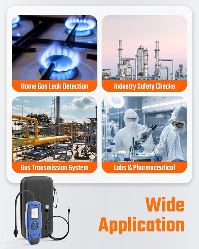 TopTes PT-990 Rechargeable Gas Leak Detector with 11 inch Probe, Detection Range 0-10000 ppm, Data Logging & 3 Types Alarm, Natural Gas Detector for Propane, Methane for Industrial & Home - Blue