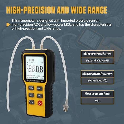 Manometer, Dual-Port HVAC Manometer with 12 Units Switch, Storage & Reminder Function, LP Gas Pressure Tester for Temperature and Pressure Testing, MMT2118563