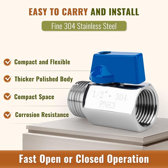 2 Pack 1/2" Mini Ball Valve, 304 Stainless Steel Valve NPT Female x Male Thread Shut-Off Valves for Small Compact Space (2, 1/2 Inch)
