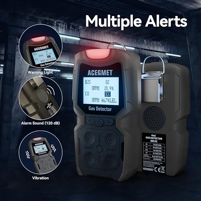 ACEGMET Gas Detector, 4 Gas Monitor Multiple Indicator (Vibration, Audible, Visual) H2S, O2, CO and LEL 4 Gas Monitor Personal Rechargeable 4 Gas Meter, for Work, Home, Black