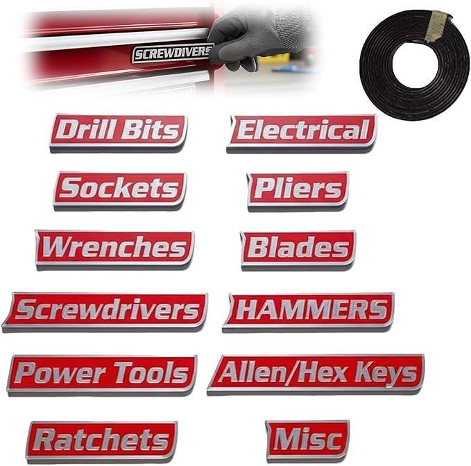 Magnetic Tool Box Labels, 12 Pack of Magnetic Toolbox Labels, Reusable Tags for Steel Toolboxes, Carts, Drawers, and Cabinets,Suitable for Mechanics (red)