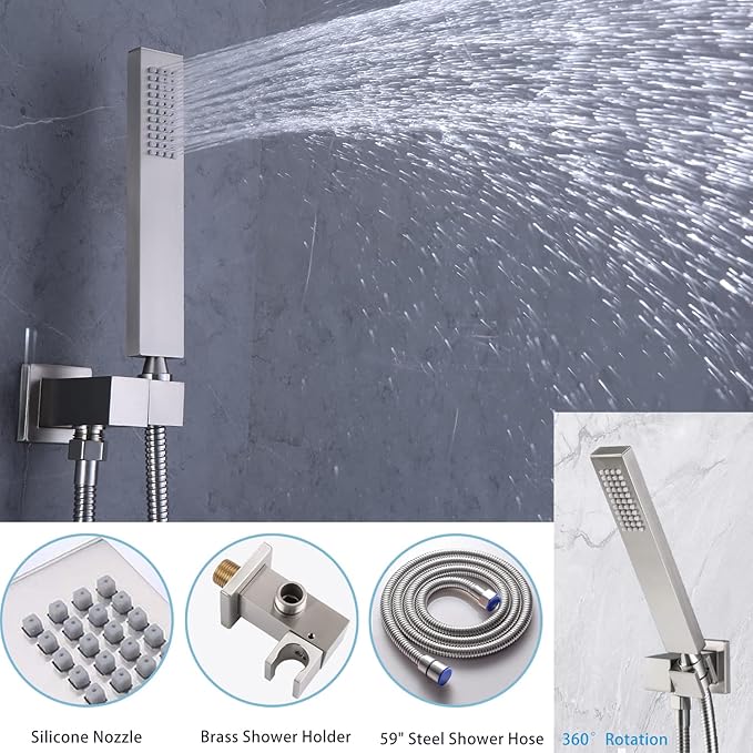 Temperature Display Rain Mixer Shower Faucet Set with 6 Body Jets 12 inch Square Rainfall Shower Head with Handheld Spray Wall Mounted Rough-in Valve and Trim Included,Brushed Nickel