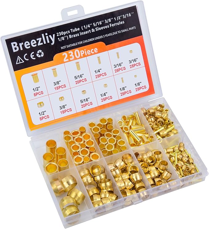 Compression Fittings Assortment kit-6 Sizes(1/8"3/16" 1/4" 5/16" 3/8" 1/2") Brass Compression Sleeves Ferrules & Insert,used to connect lines for air,water,fuel,oil and inert gases