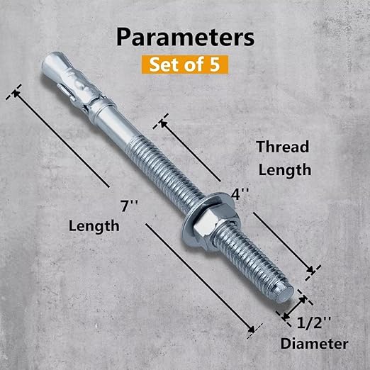 Party Animals 1/2 x 7 Inch Wedge Anchor, 5 PCs Zinc-Plated Industrial Anchor Bolts for Cement, Concrete