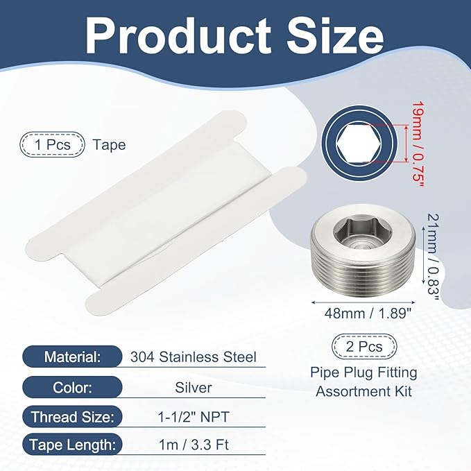 PATIKIL 1-1/2" NPT Male Internal Hex Pipe Fitting, 2 Pcs 304 Stainless Steel Pipe Plug Fitting Assortment Kit Countersunk Thread Head Socket Pipe Plug Fitting Adapter with Tape, Silver