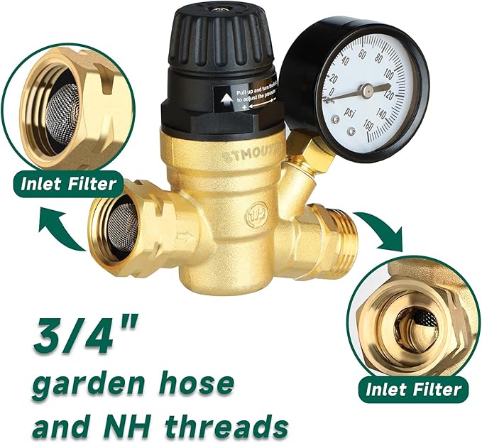 RV Water Pressure Regulator for RV Camper. Brass Lead-Free Adjustable Camper Water Pressure Regulator with 0-160 PSI Gauge ，Reducer Valve W Filter，Package includes 1 raw tape for water pipes.