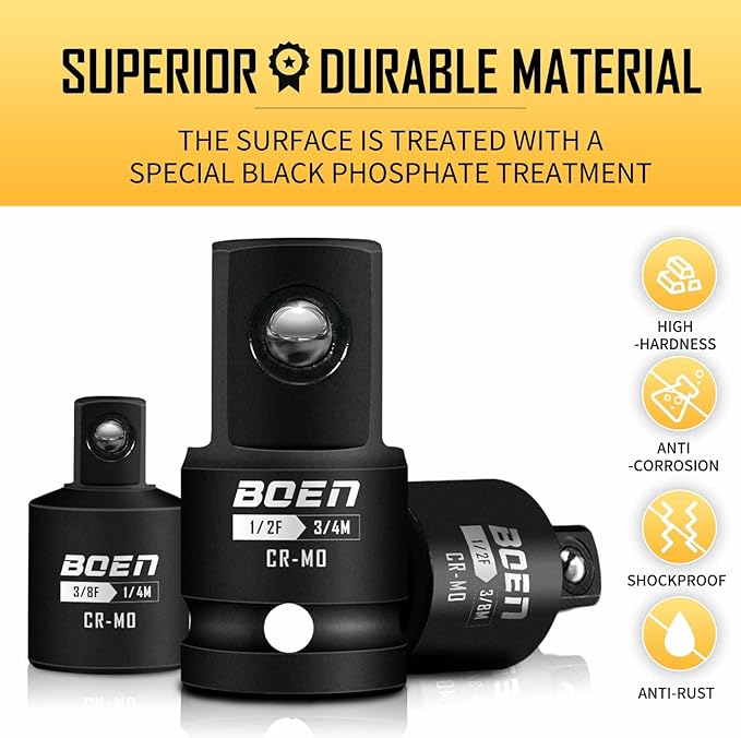 BOEN 5 Piece Impact Socket Adapter Set and Reducer Set, Standard SAE, 1/4", 3/8", 1/2" Drive Socket Adapter Set, CR-MO Steel Impact Adapter Conversion Set for Impact Driver Wrench