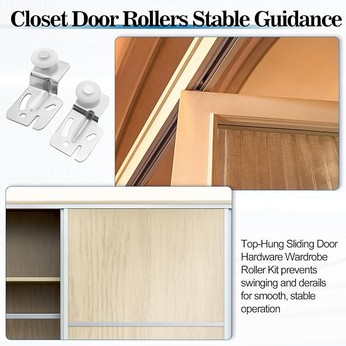 Closet Sliding Door Rolle Kit, Sliding Closet Door Floor Guide, Wardrobe Door Roller with Slide Track, Top-Hung Sliding Doors Hardware Replacement, Fits 3/4" to 1-3/8" in Thick Doors