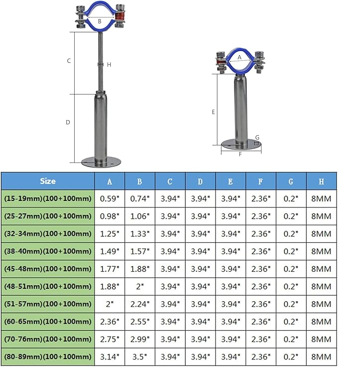 2PCS 304 Stainless Steel Wall Mount Ceiling Mount Pipe Supports, Adjustable Pipe Strap Clamp with screws for OD Pipe 70-76mm, Adjustable Height 100-200mm