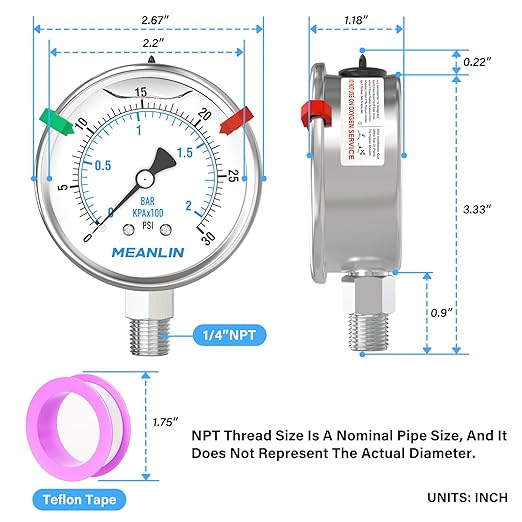 MEANLIN MEASURE 0~30Psi Liquid Filled Pressure Gauge Stainless Steel 2.5" FACE DIAL 1/4" NPT 316 Stainless Steel Joint for Pool Sand Filter Water Oil Air Pressure Test Lower Mount, with 2PCS Snaps