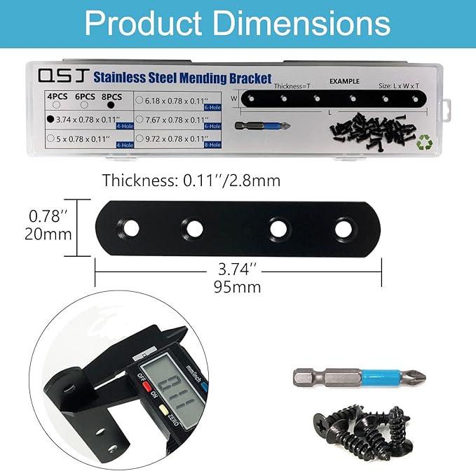8 Pcs Black Straight Mending Plate Bracket Brace Stainless Steel Straight Brackets 95mm / 3.74" Wood Brace with Screws and Screwdriver