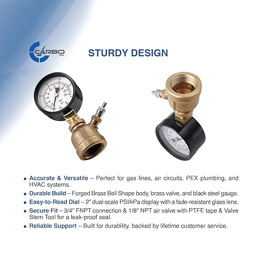 Gas Test Pressure Gauge 15 Pound, 15 PSI / 100 kPa, 3/4” FNPT Connection, Brass Valve, Forged Brass Bell Shape Body Assembly.