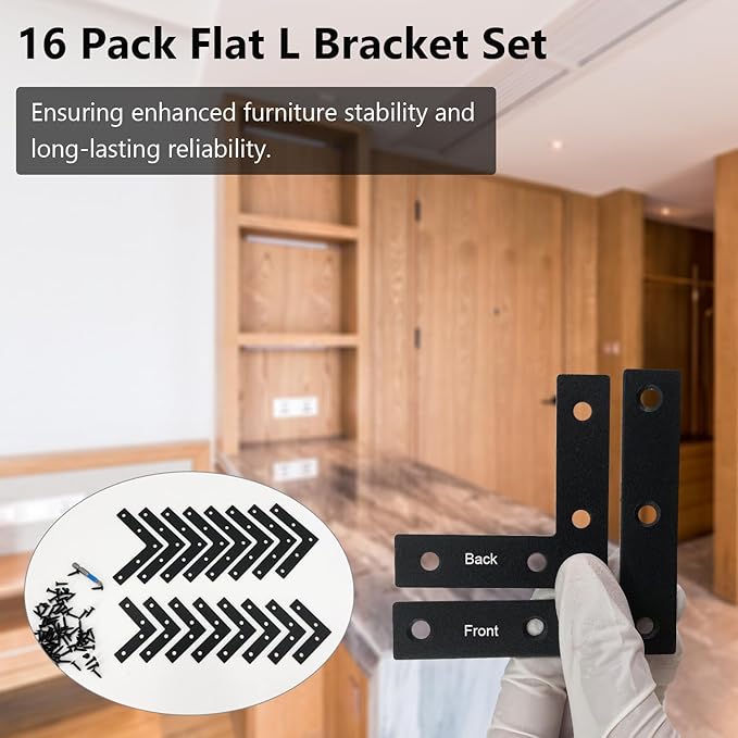 QSJ 16 Pcs L Flat Straight Brackets Corner Bracket Set 8Pcs 2.36''/8Pcs 3.15'' Bracket Brace Mending Plate Stainless Steel for Wood